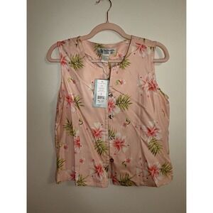 NWT Pineapple Moon 100% Silk Tropical Hibiscus Tank Top M‎ Pink Resort